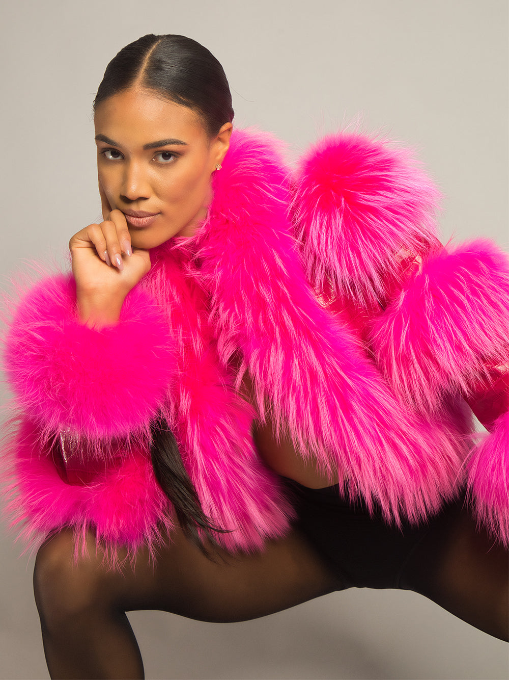Fuchsia Shaggy Fur Trim Croc Leather Cropped Jacket 7