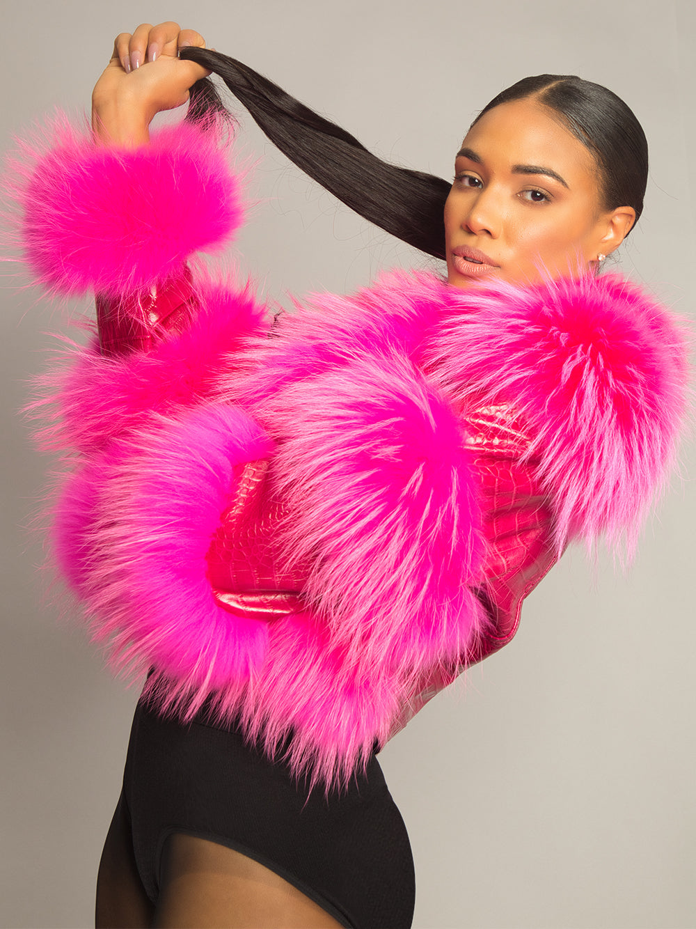 Fuchsia Shaggy Fur Trim Croc Leather Cropped Jacket 9