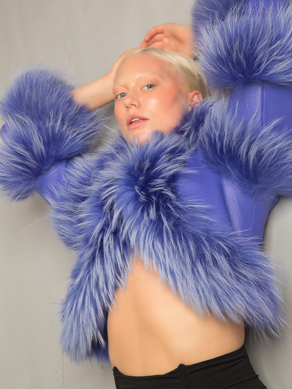 Purple Fur Trim Tiered Panel Leather Cropped Jacket
