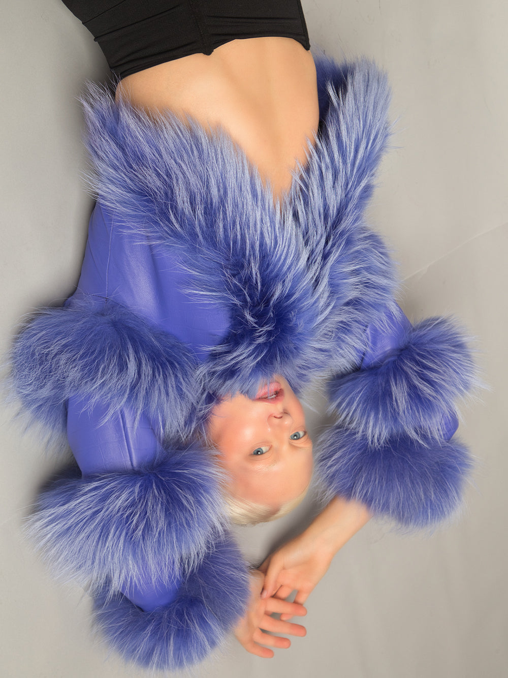Purple Fur Trim Tiered Panel Leather Cropped Jacket