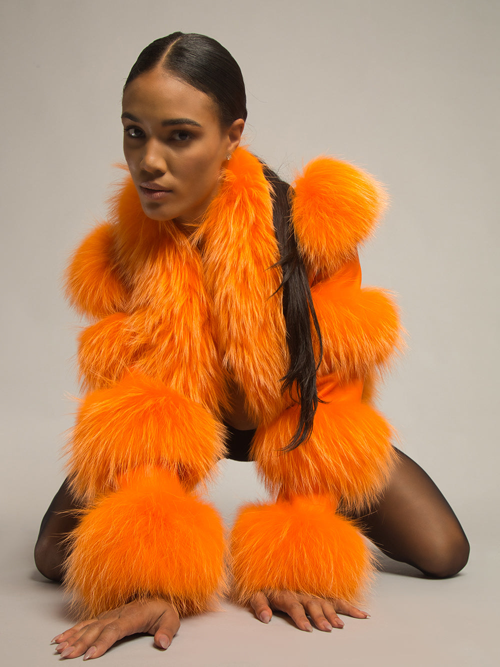 Orange Shaggy Fur Trim Croc Leather Cropped Jacket 4