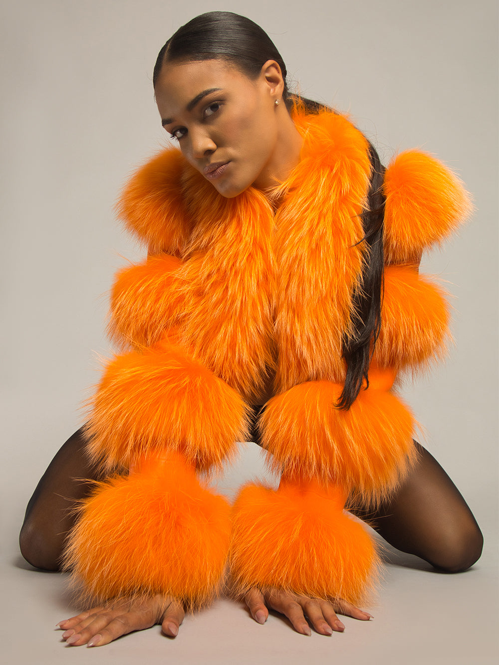 Orange Shaggy Fur Trim Croc Leather Cropped Jacket 2