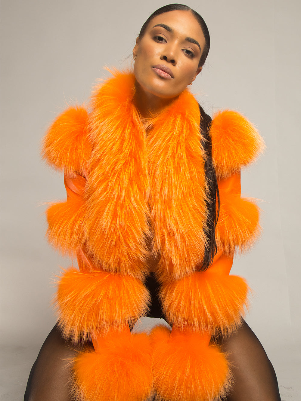 Orange Shaggy Fur Trim Croc Leather Cropped Jacket 6