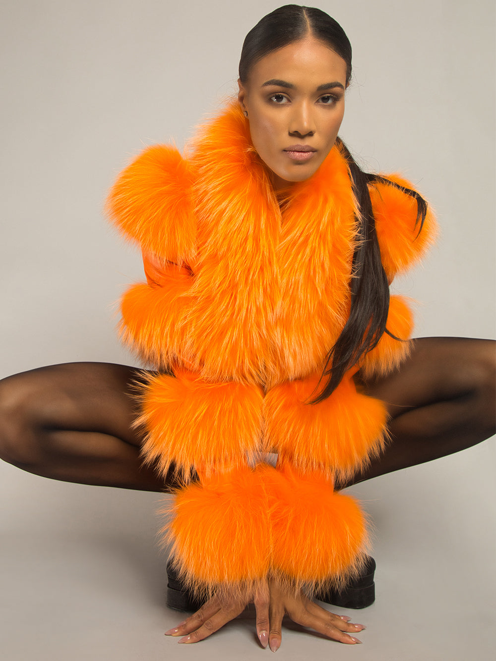 Orange Shaggy Fur Trim Croc Leather Cropped Jacket 9