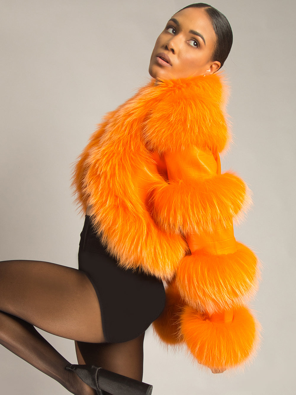 Orange Shaggy Fur Trim Croc Leather Cropped Jacket 3