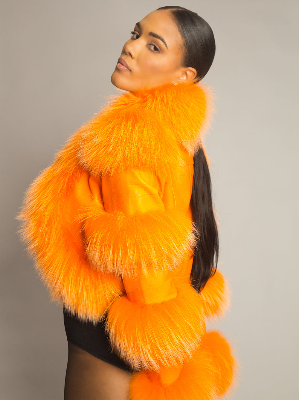 Orange Shaggy Fur Trim Croc Leather Cropped Jacket 11