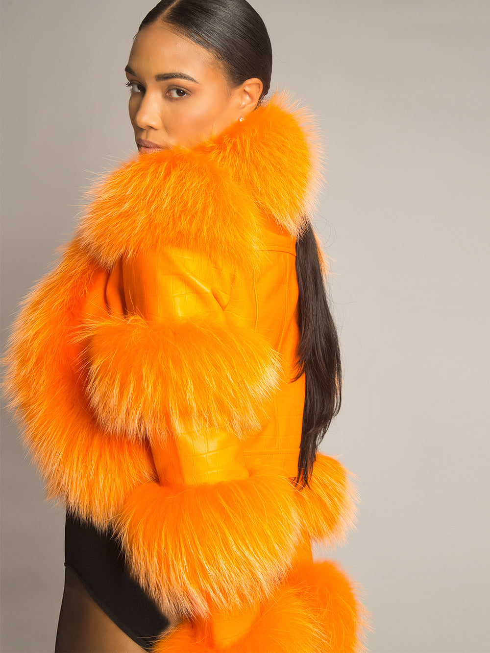 Orange Shaggy Fur Trim Croc Leather Cropped Jacket 8