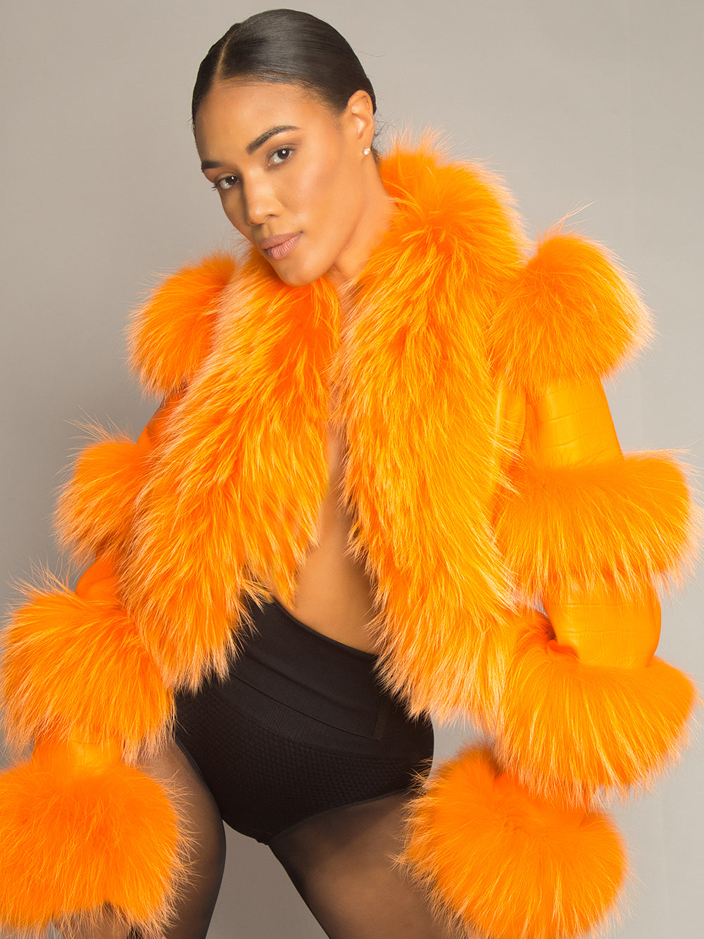 Orange Shaggy Fur Trim Croc Leather Cropped Jacket 10