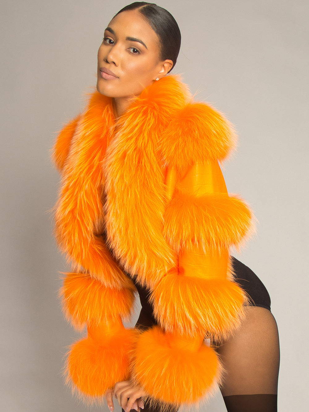 Orange Shaggy Fur Trim Croc Leather Cropped Jacket 13