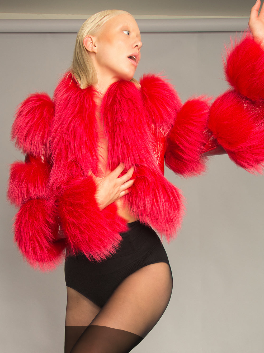 Red Fluffy Faux Fur Panel Leather Cropped Jacket