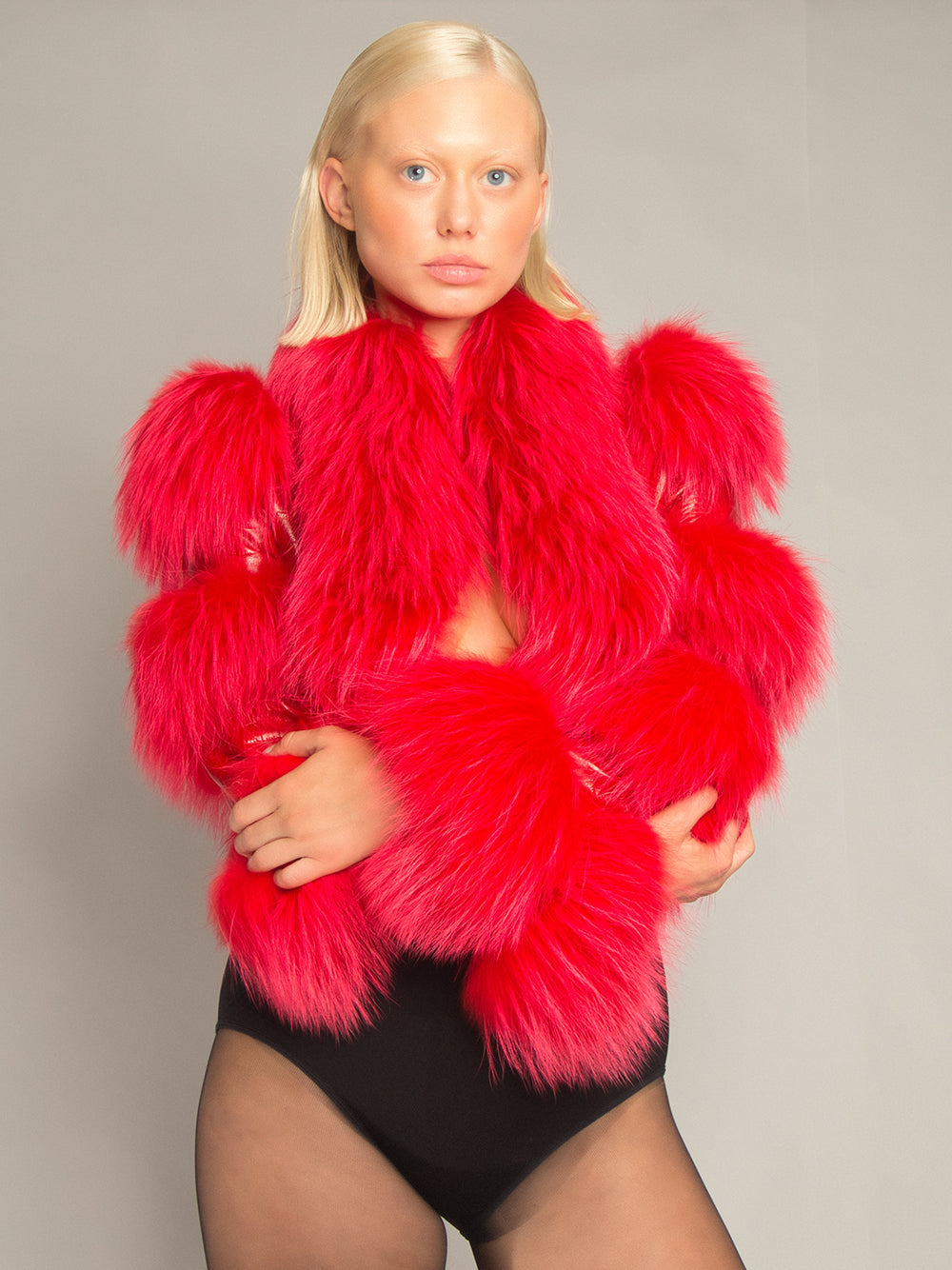Red Fluffy Faux Fur Panel Leather Cropped Jacket