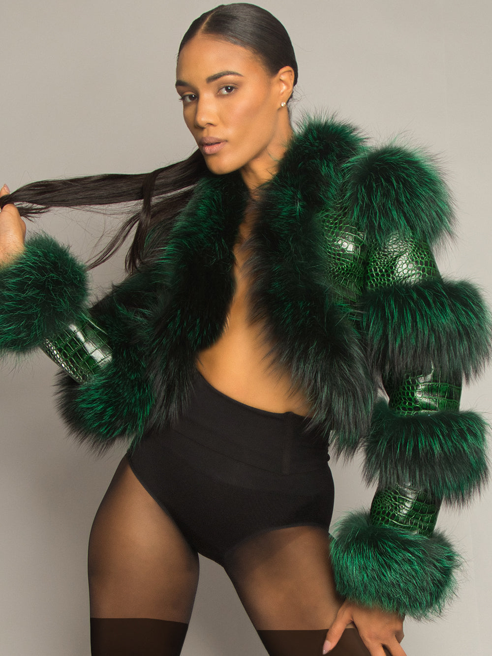 Dark Green Shaggy Fur Trim Glossy Croc Cropped Jacket 6