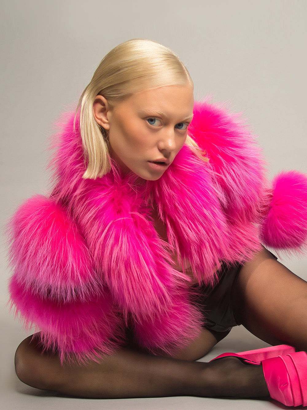 Fuchsia Shaggy Fur Trim Croc Leather Cropped Jacket 4
