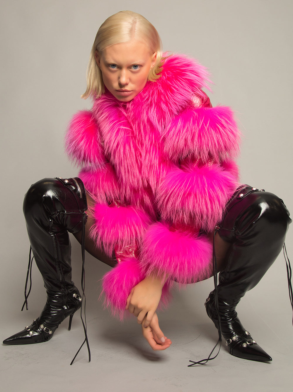 Fuchsia Shaggy Fur Trim Croc Leather Cropped Jacket 19