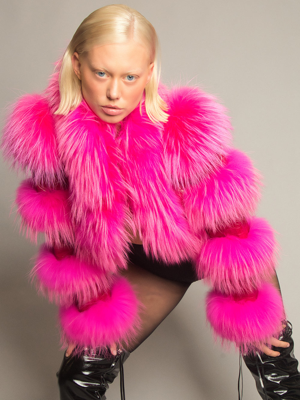 Fuchsia Shaggy Fur Trim Croc Leather Cropped Jacket 20