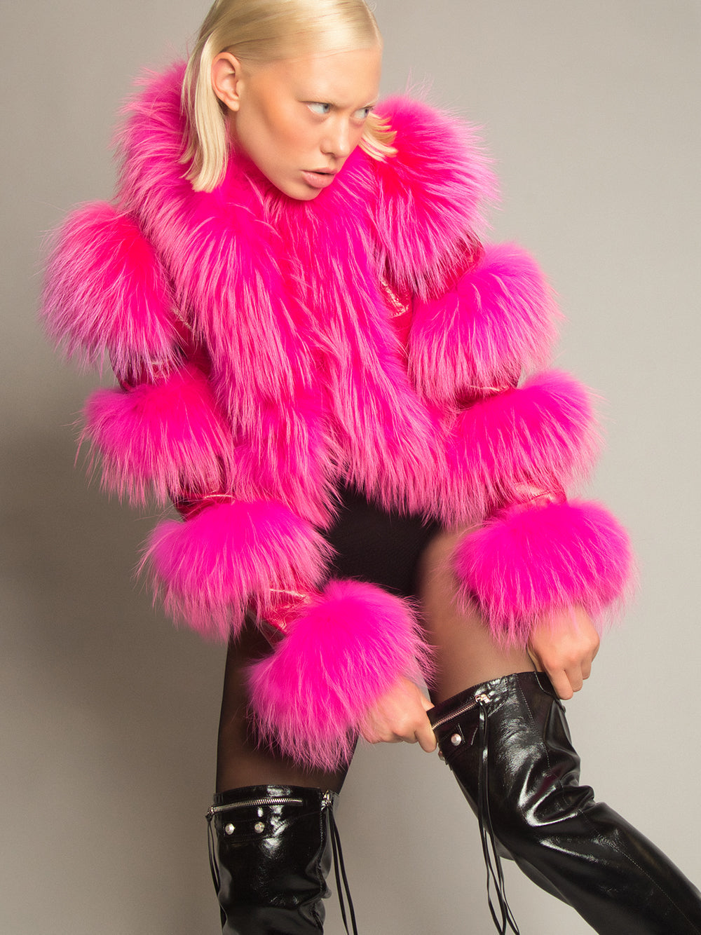 Fuchsia Shaggy Fur Trim Croc Leather Cropped Jacket 18