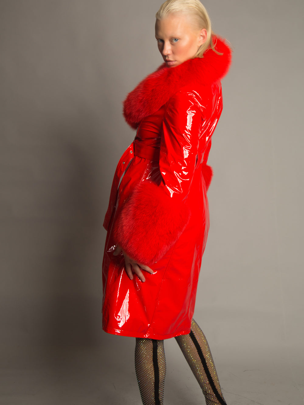 Red Fur Collar Patent Leather Belted Button Front Long Coat 3