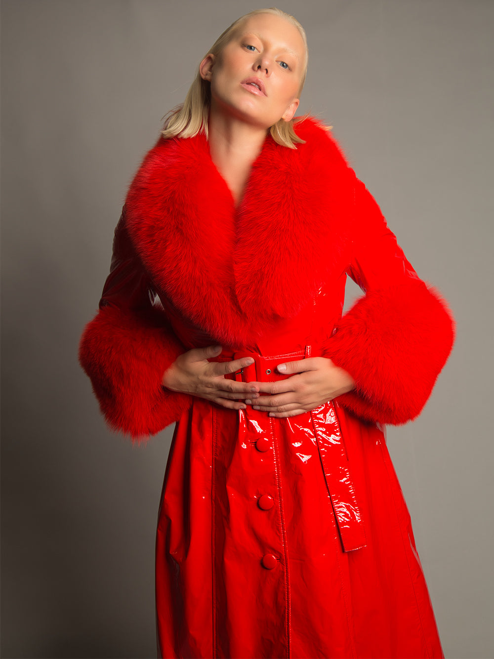 Red Fur Collar Patent Leather Belted Button Front Long Coat 2