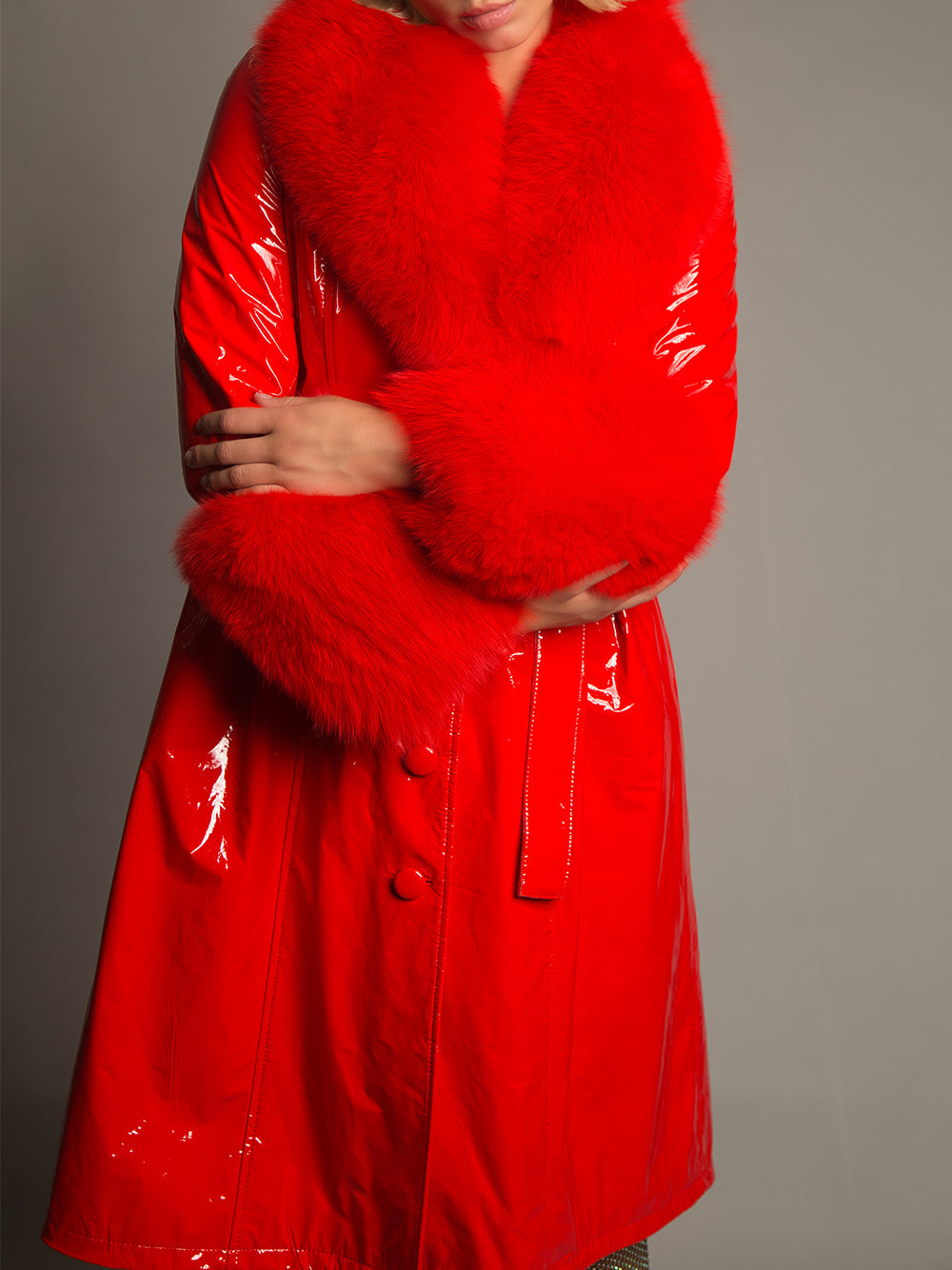 Red Fur Collar Patent Leather Belted Button Front Long Coat 10