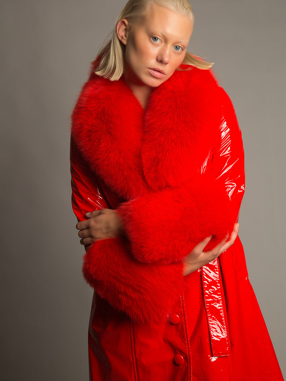 Red Fur Collar Patent Leather Belted Button Front Long Coat 5