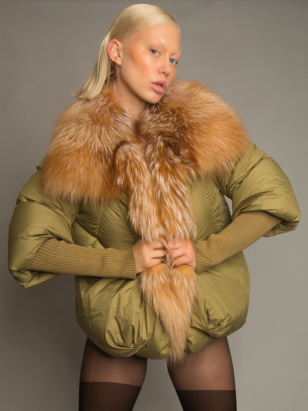 Khaki Fox Fur Shawl Collar Ribbed Cuff Puffer Jacket
