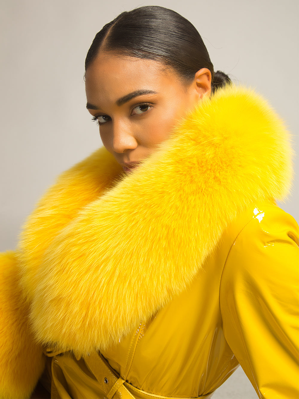 Yellow Fur Collar Patent Leather Belted Button Front Long Coat 6