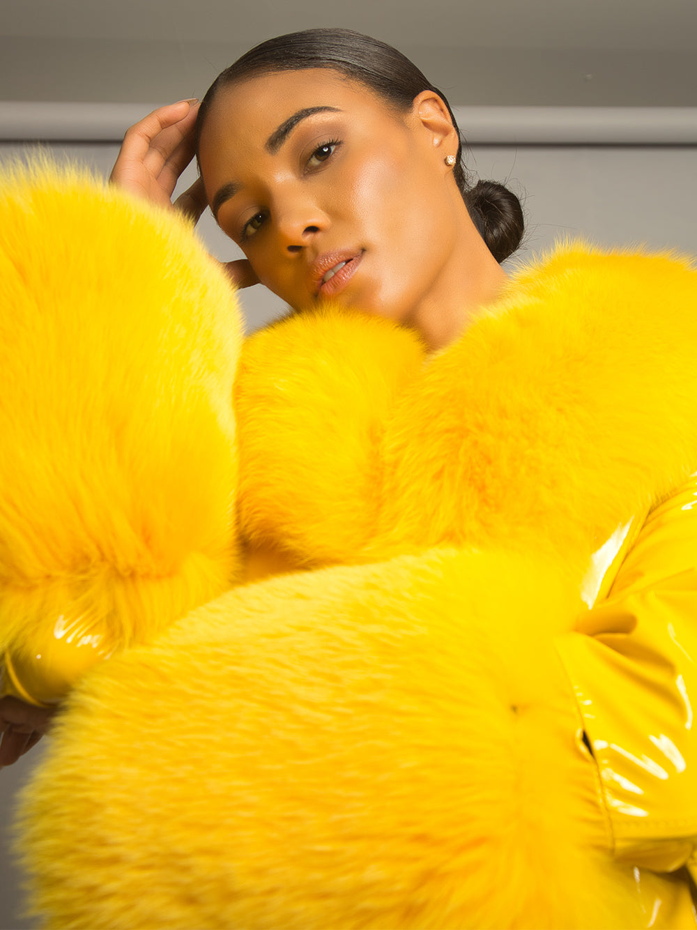 Yellow Fur Collar Patent Leather Belted Button Front Long Coat 3