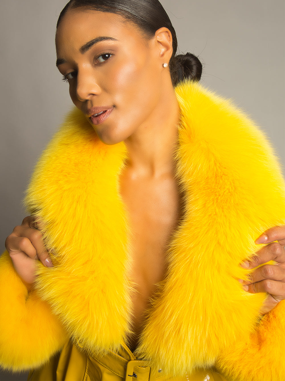 Yellow Fur Collar Patent Leather Belted Button Front Long Coat 8