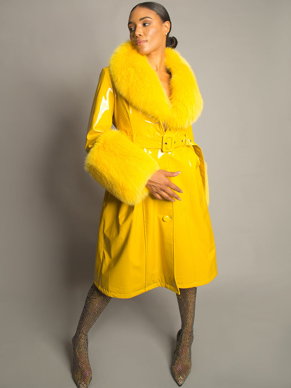 Yellow Fur Collar Patent Leather Belted Button Front Long Coat 7