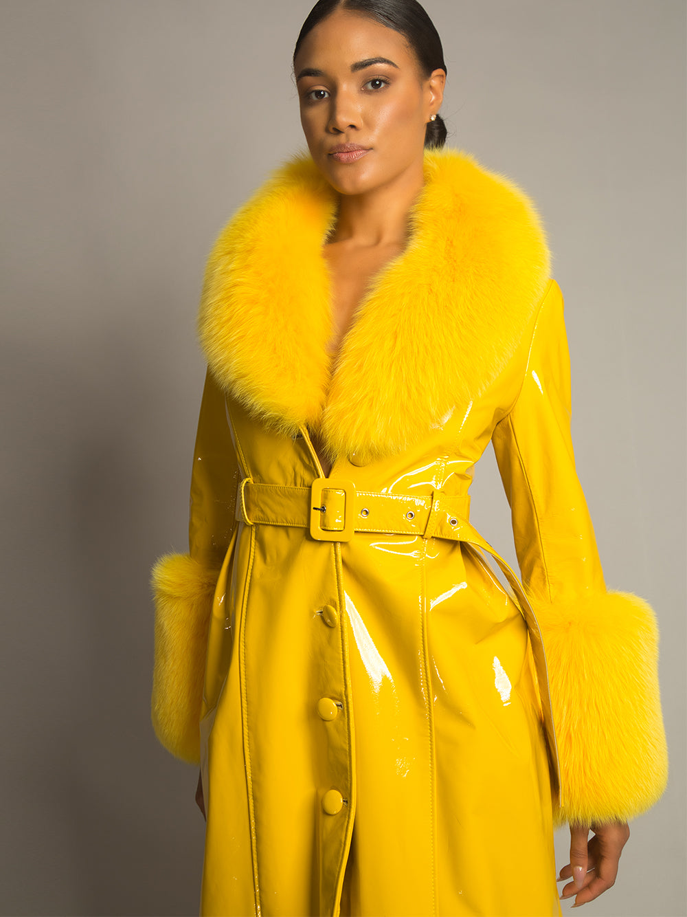 Yellow Fur Collar Patent Leather Belted Button Front Long Coat 2