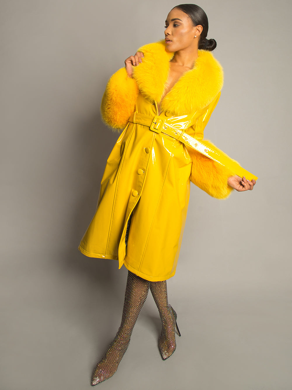 Yellow Fur Collar Patent Leather Belted Button Front Long Coat