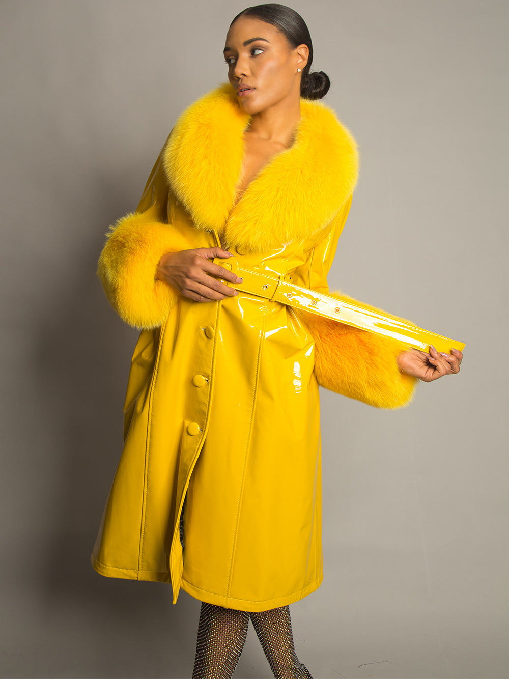 Yellow Fur Collar Patent Leather Belted Button Front Long Coat 4