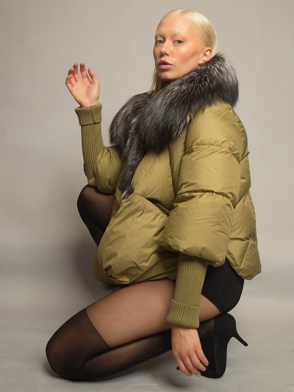 Khaki Oversized Fur Shawl Collar Ribbed Cuff Puffer Jacket