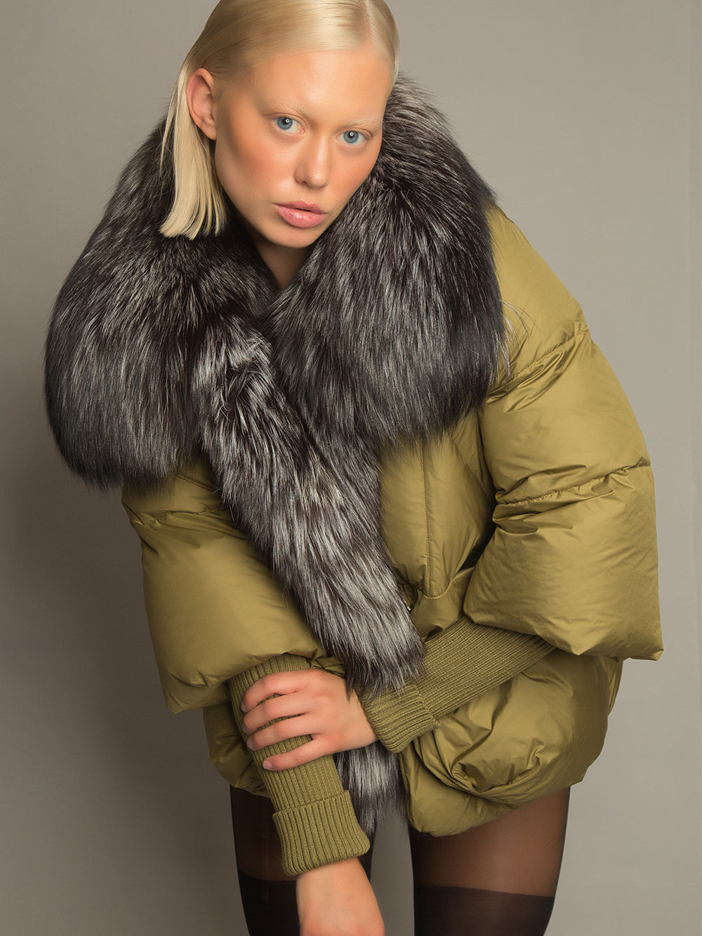 Khaki Oversized Fur Shawl Collar Ribbed Cuff Puffer Jacket