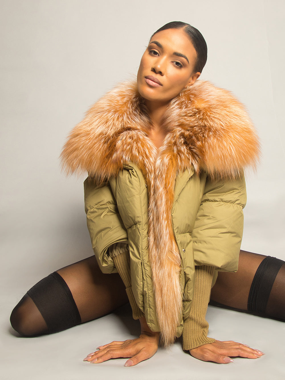 Khaki Fox Fur Shawl Collar Ribbed Cuff Puffer Jacket