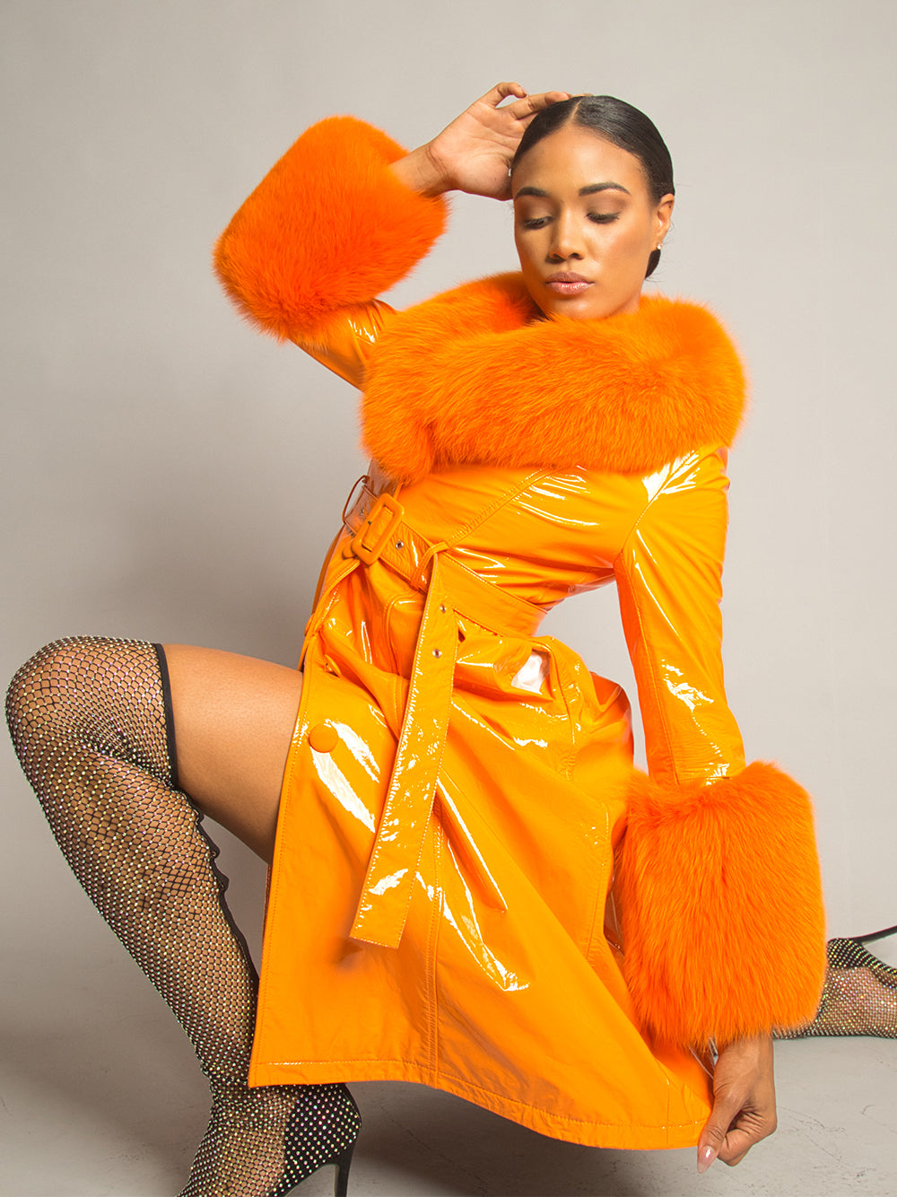 Orange Fur Collar Fur Cuff Belted Patent Leather Trench Coat