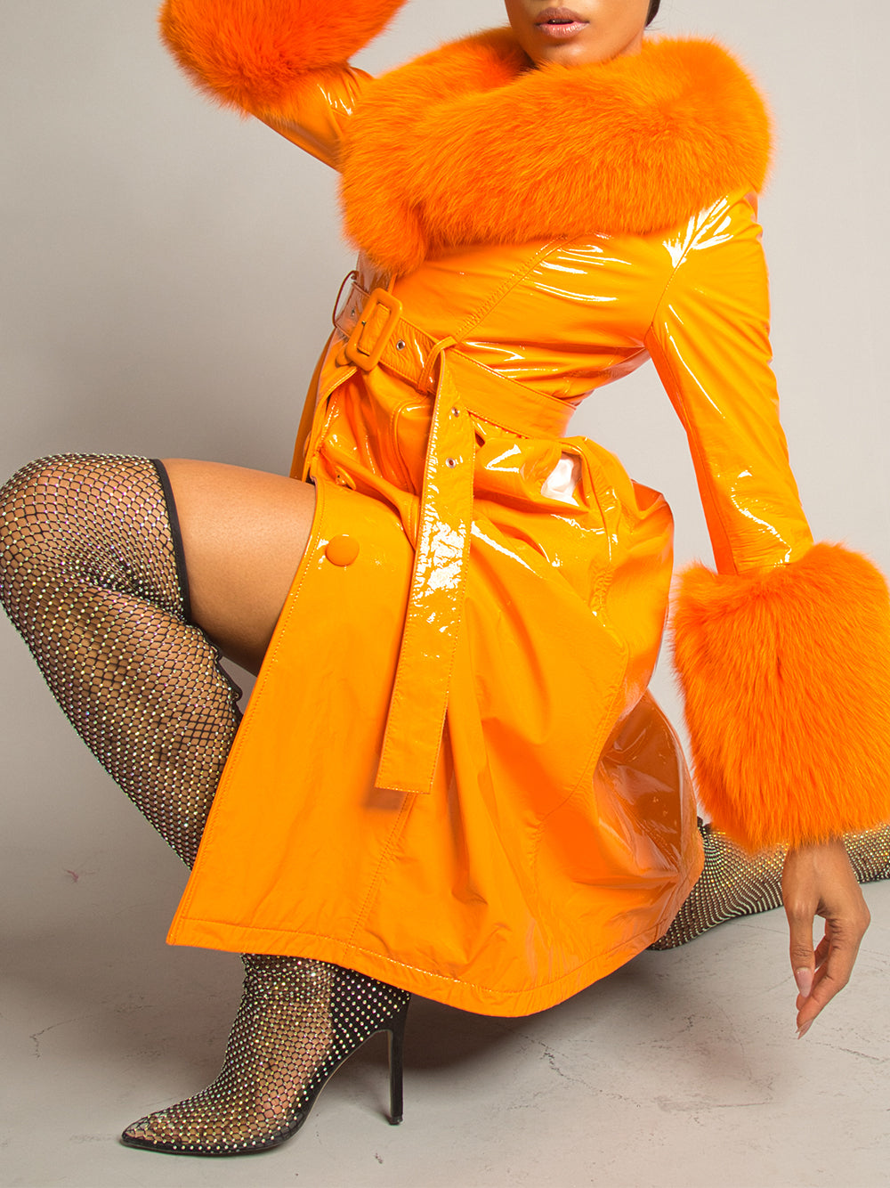 Orange Fur Collar Fur Cuff Belted Patent Leather Trench Coat 19