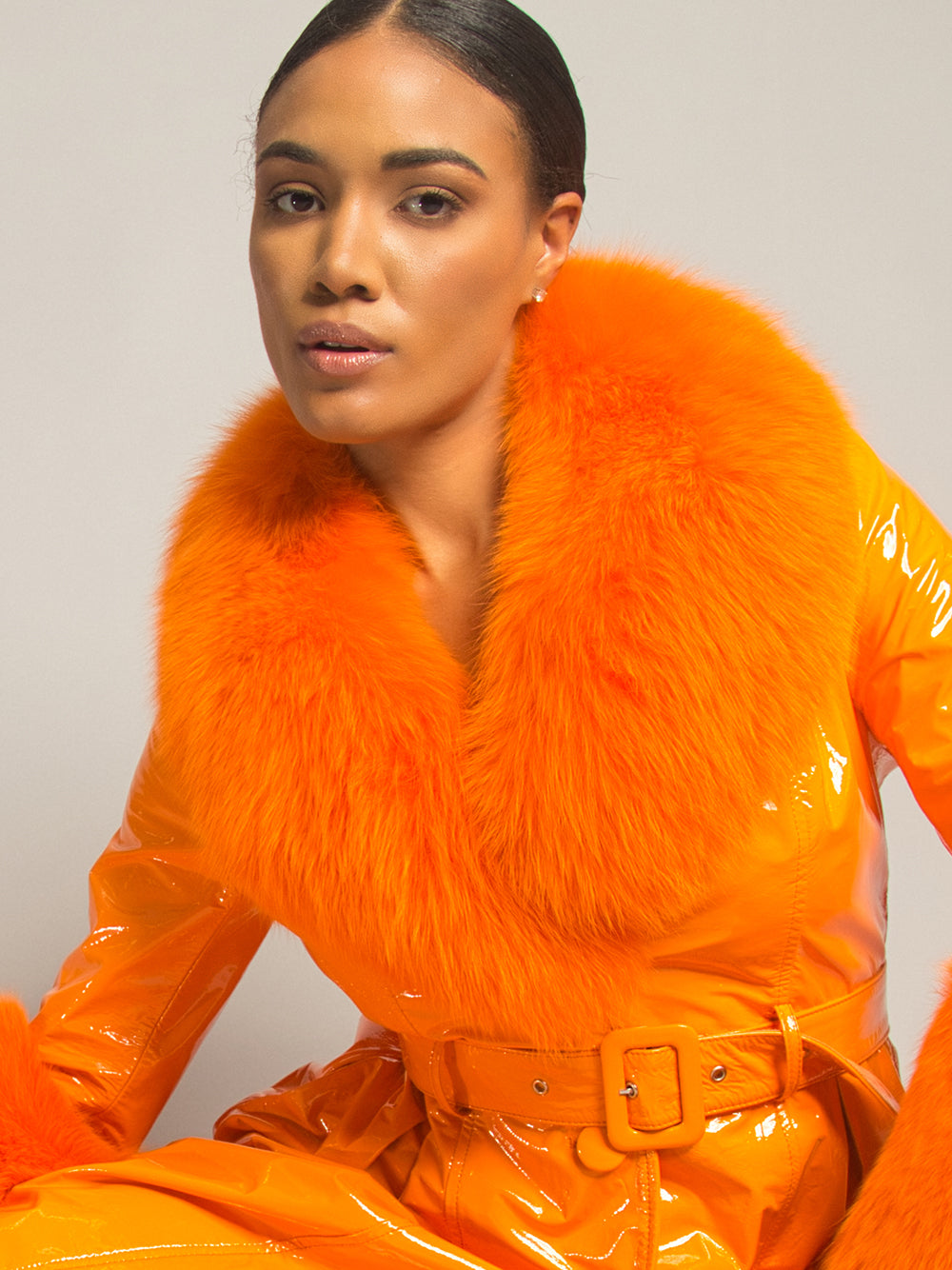 Orange Fur Collar Fur Cuff Belted Patent Leather Trench Coat 16