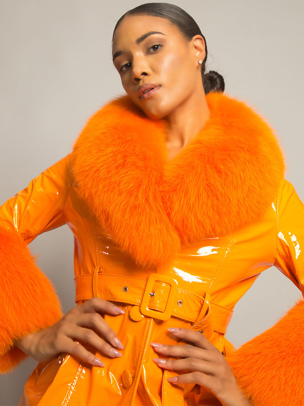 Orange Fur Collar Fur Cuff Belted Patent Leather Trench Coat 20