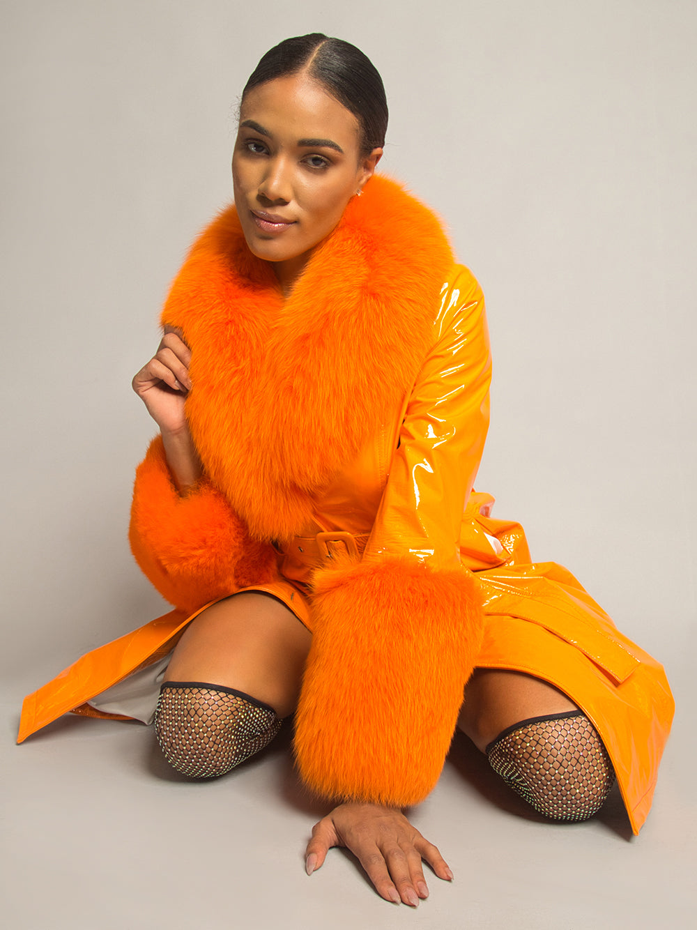 Orange Fur Collar Fur Cuff Belted Patent Leather Trench Coat 22