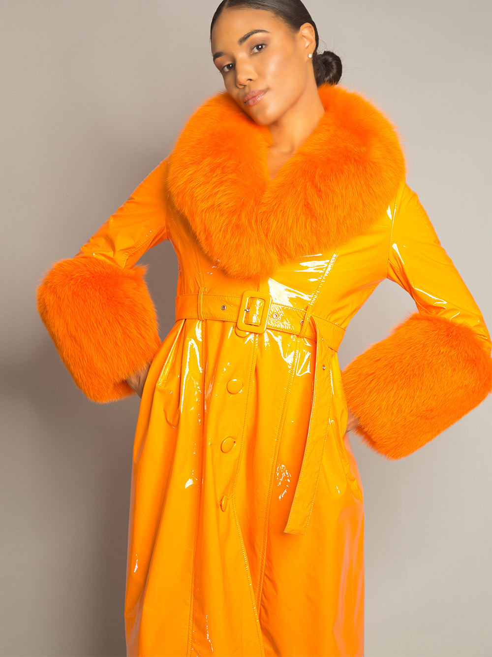Orange Fur Collar Fur Cuff Belted Patent Leather Trench Coat 18