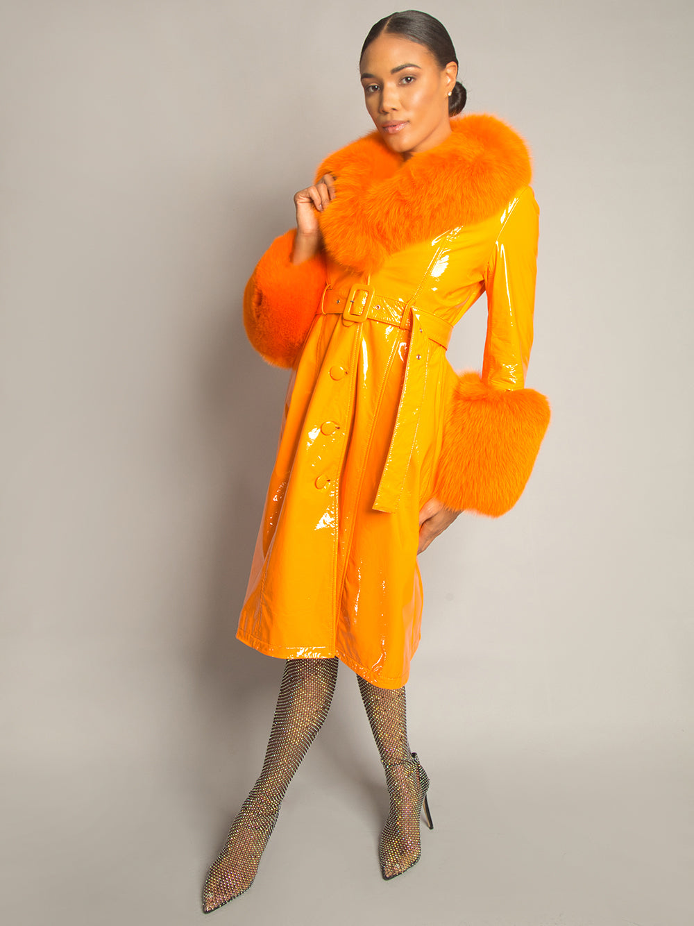 Orange Fur Collar Fur Cuff Belted Patent Leather Trench Coat 7