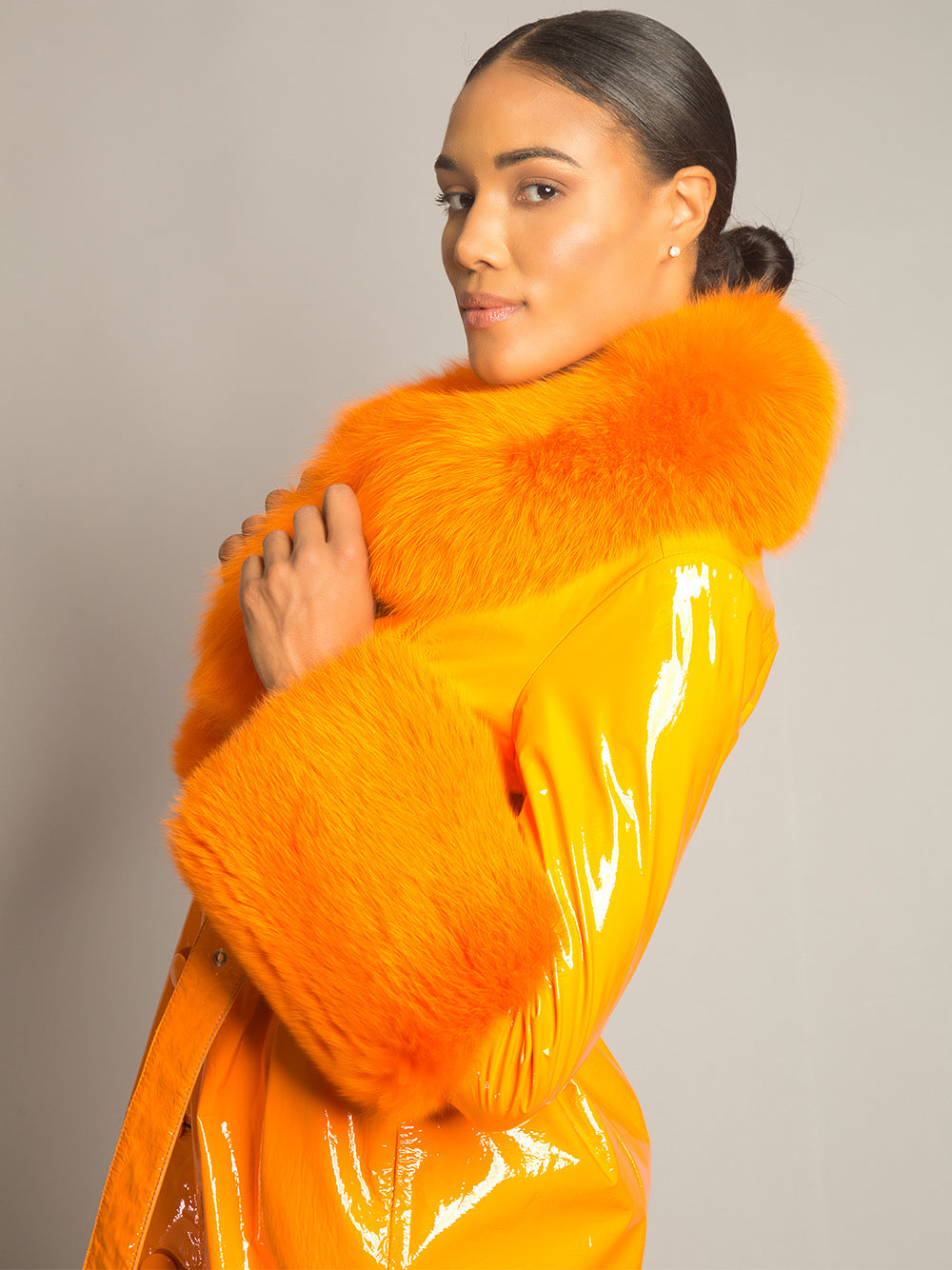 Orange Fur Collar Fur Cuff Belted Patent Leather Trench Coat 24