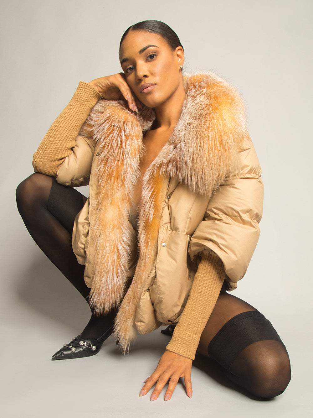 Tan Fur Shawl Collar Ribbed Knit Cuff Puffer Jacket
