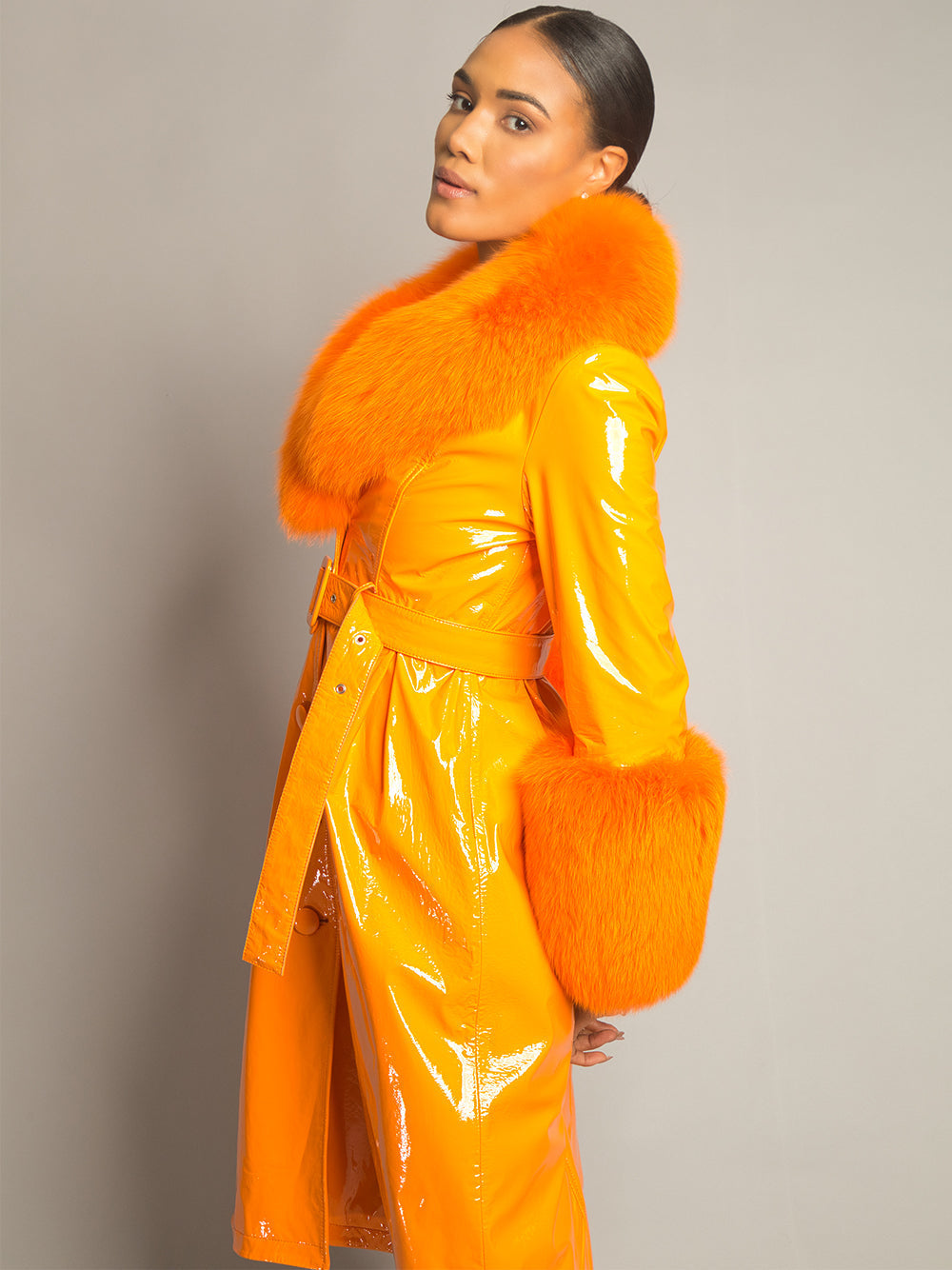 Orange Fur Collar Fur Cuff Belted Patent Leather Trench Coat 21