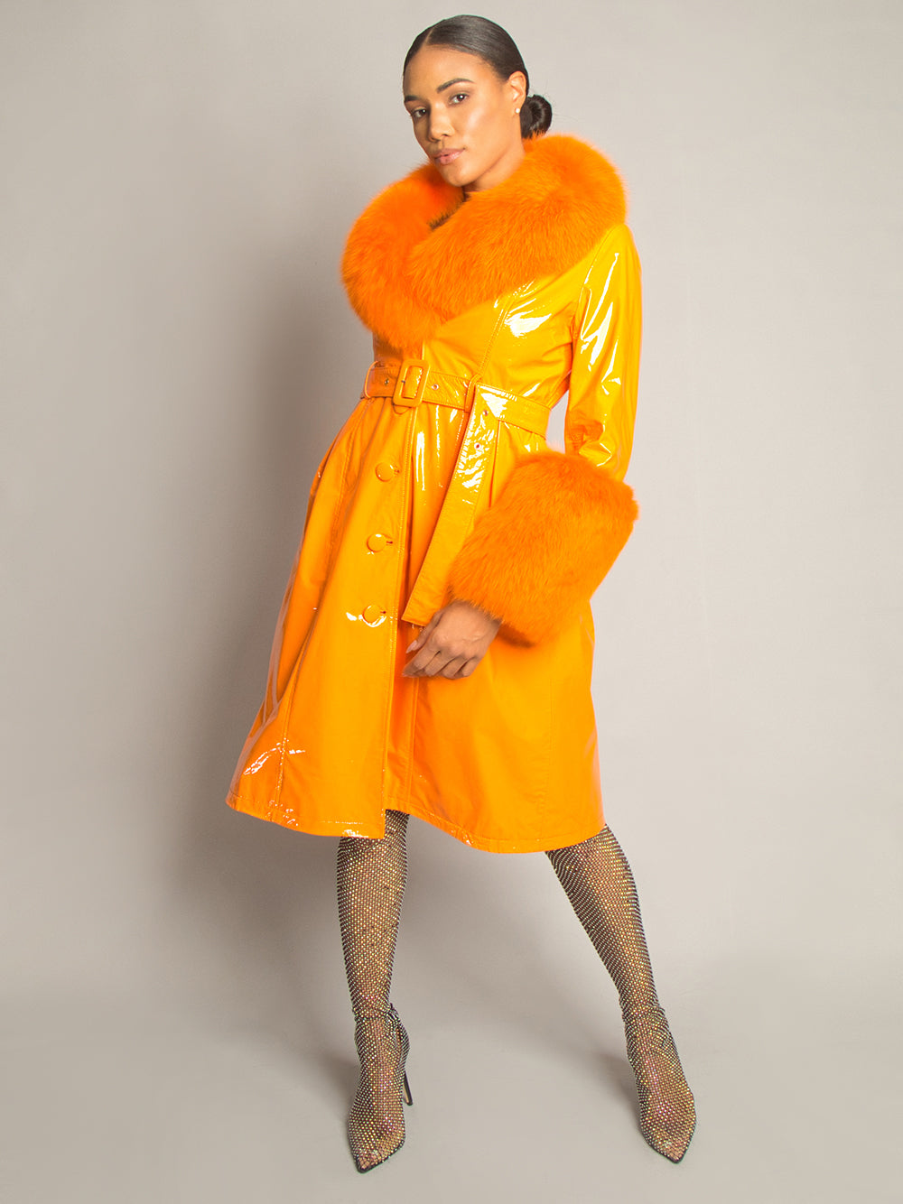 Orange Fur Collar Fur Cuff Belted Patent Leather Trench Coat 5
