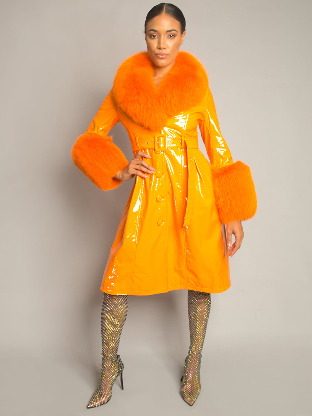 Orange Fur Collar Fur Cuff Belted Patent Leather Trench Coat 2