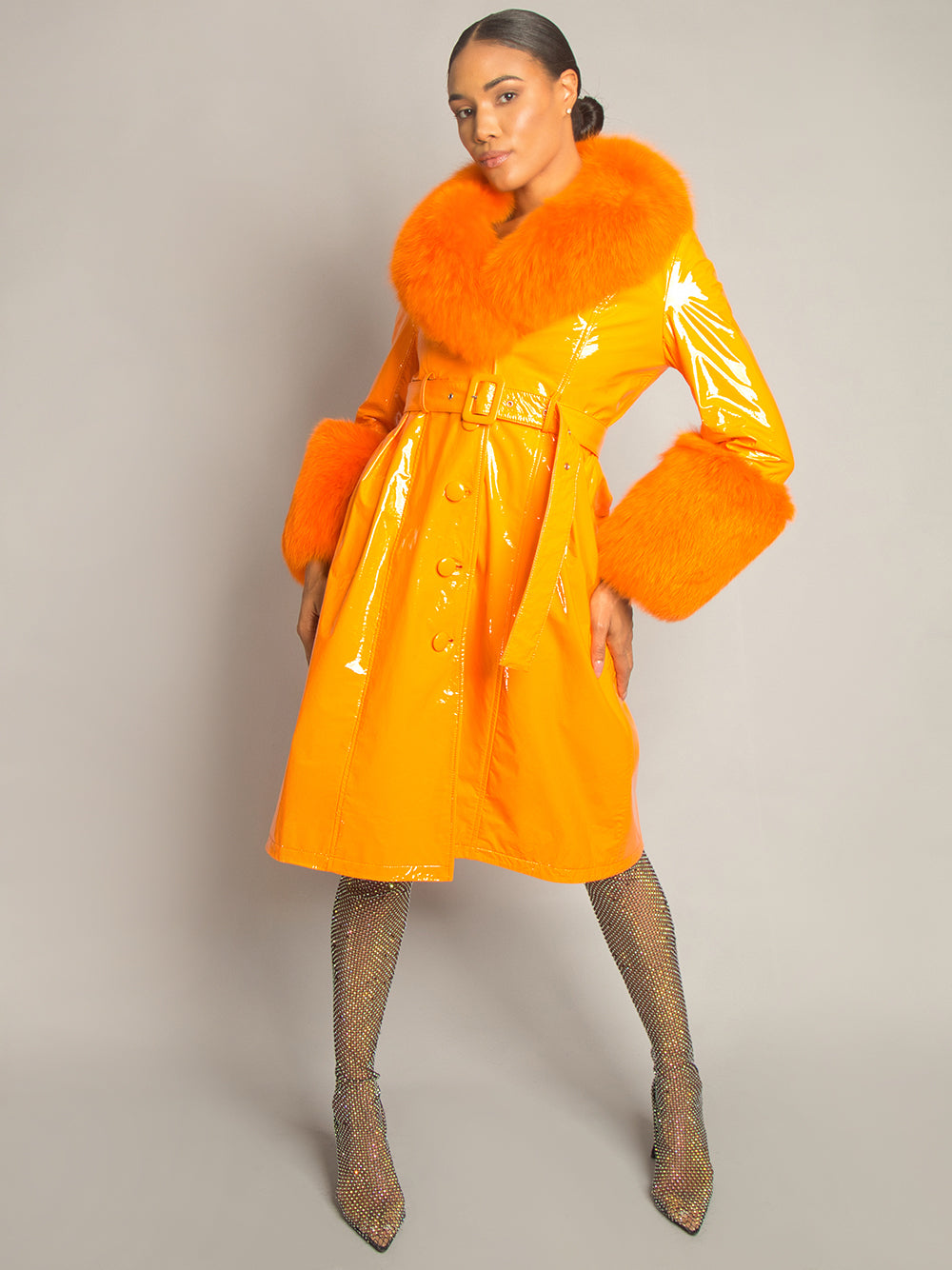 Orange Fur Collar Fur Cuff Belted Patent Leather Trench Coat 13