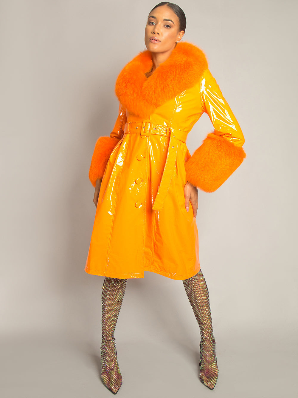 Orange Fur Collar Fur Cuff Belted Patent Leather Trench Coat 15