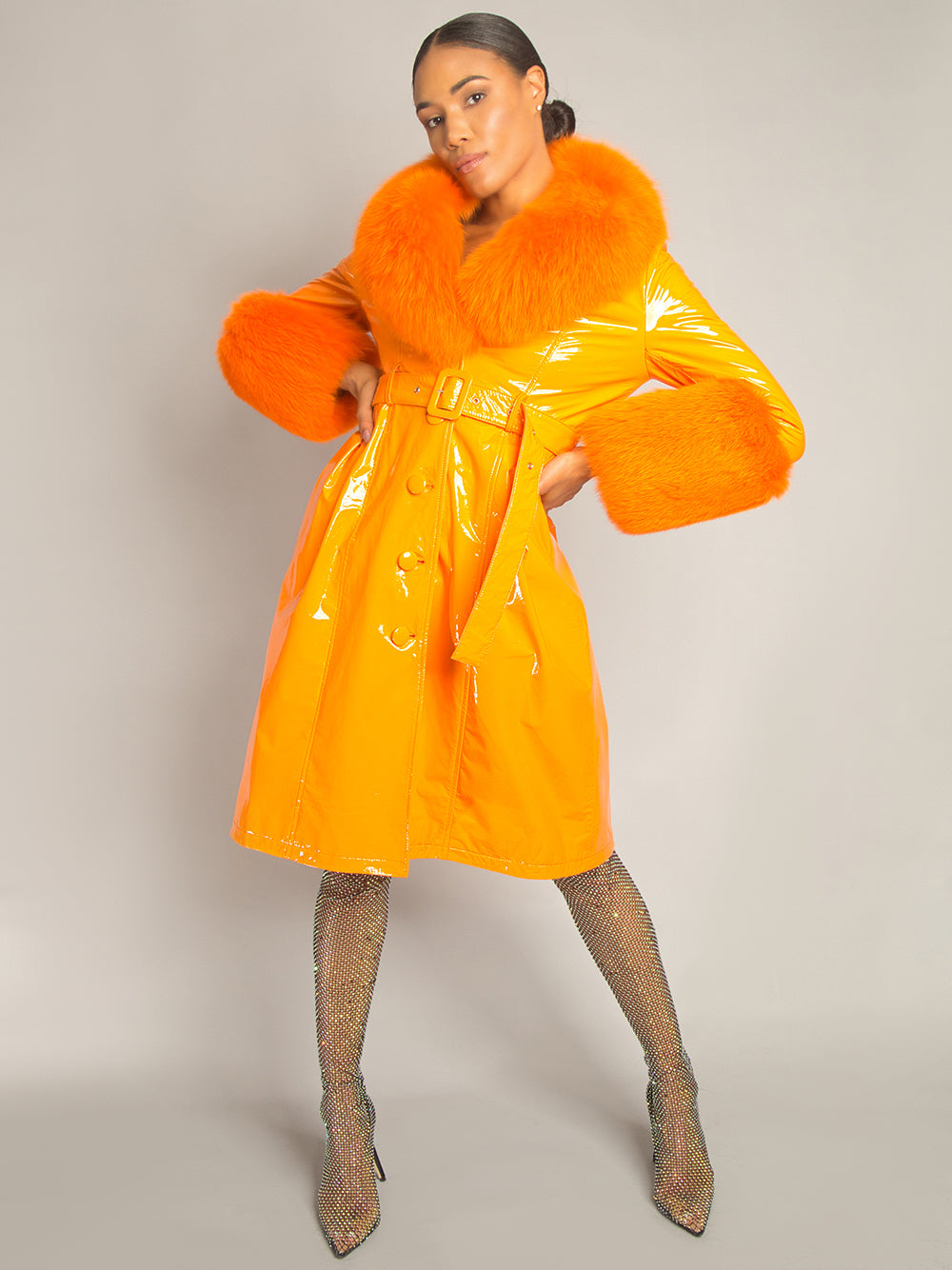 Orange Fur Collar Fur Cuff Belted Patent Leather Trench Coat 11